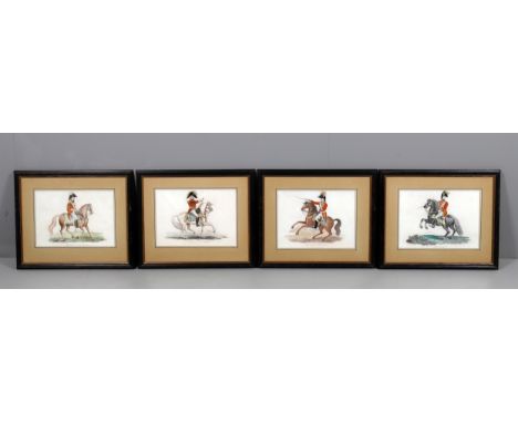 
	
		Four framed and glazed hand tinted equestrian portrait prints, Duke of Wellington, Prince of Orange, Sir Thomas Picton, 