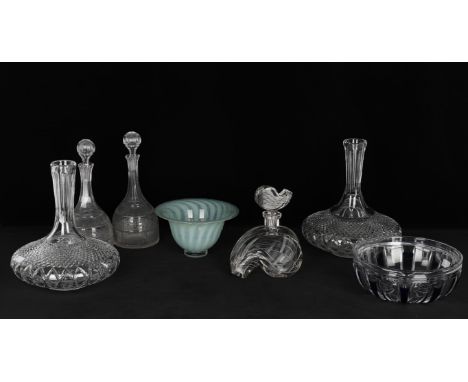 
	
		Glass including a pair of George III style cut glass mallet shaped decanters and stoppers, possibly Stourbridge late 19t