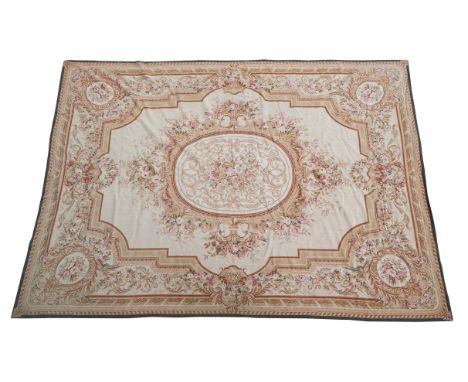 
	
		A wool floral carpet in the Aubusson taste, 20th century, woven with flowers and architectural reserves, 285cm wide, 410