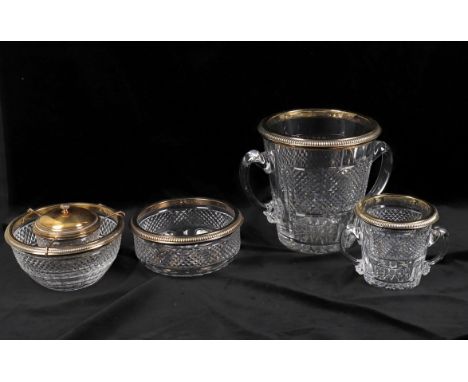 
	
		A suite of French silver gilt mounted cut glass pieces including a caviar bowl, 22cm diameter; a salad bowl 21.5cm diame