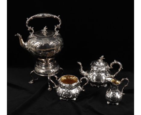 
	
		Y &nbsp;A Victorian silver plated kettle lamp and stand, maker's mark of Beddington and Hay, body embossed with scrolls 