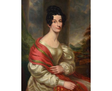 
	
		Circle of George Henry Harlow
		Portrait of lady in a landscape wearing a red shawl
		Oil on canvas 
		91 x 73.5cm (35¾ 