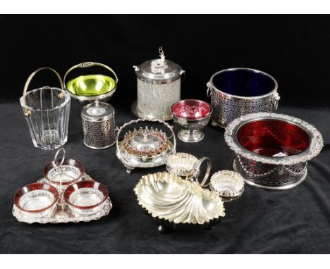 
	
		Assorted silver plate including gilt mounted Baccarat glass ice bucket, faceted conical body gilt swing handle and tongs