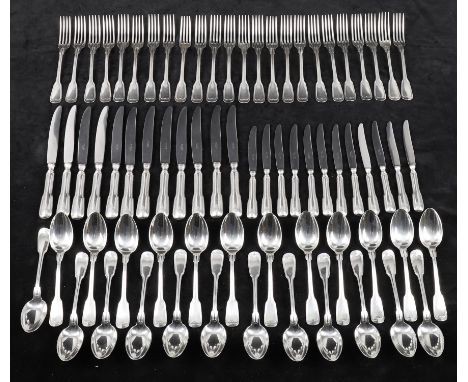 
	
		A French silver plated table service of fiddle thread pattern for 12 settings, comprising; 24 table forks; 24 table/soup