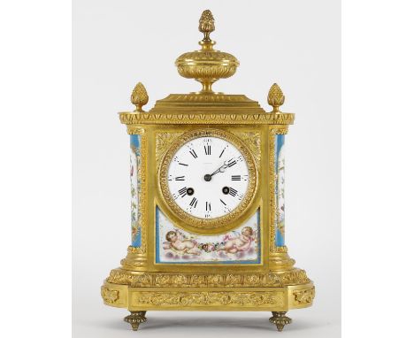 
	
		A French Sevres style porcelain and gilt metal mantel clock, combining associated late 19th century elements, with eight