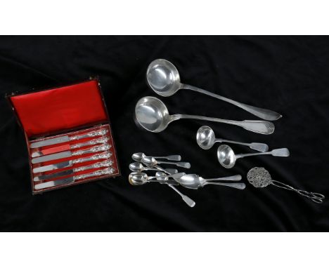 
	
		Silver flatware including two Continental 19th Century silver soup ladles, one fiddle thread pattern and one with pointe