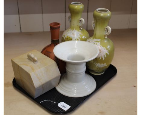 A pair of 19th Century continental vases 12" high, a Greek style vase, white ceramic stand marked Haxby and a heavy stone but