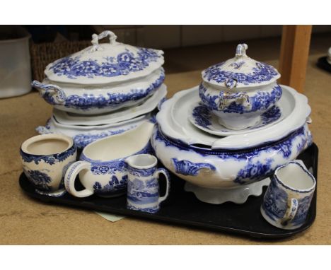 Four Victorian blue and white tureens, one with ladle, together with two gravy boats and three jugs