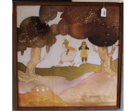 A hand painted on silk print of children in the woods, indistinctly signed, c. 1920's-1950's