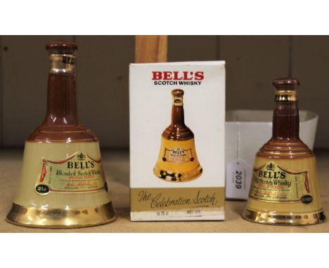A boxed 1875 ceramic Bells Scotch whisky together with a 375cl and a 6.75 flu oz small