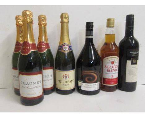 Three bottles Chateau Chaumet Brut, one litre Irish Cream Liqueur, one bottle Pol Remy Brut, one bottle 2008 Bin 555 Shiraz, 