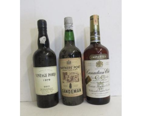 One bottle 1979 Borges Vintage Porto, one old bottle Sandeman Partners Port, one quart bottle Canadian Club Whisky (3)