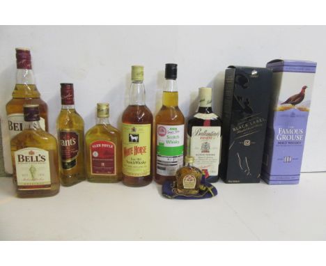 One litre Bell's 8 year old blended, one bottle White Horse blended, one bottle Famous Grouse 10 year old Malt, boxed, one bo