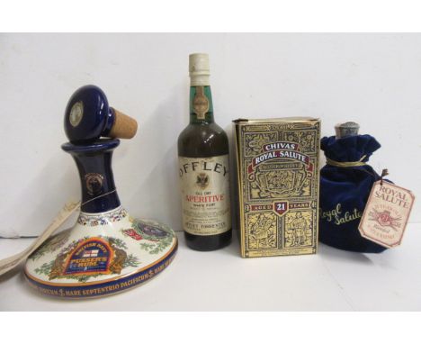 One pottery ship's decanter Posser's Rum, one half bottle Chivas Royal Salute 21 year old blended Scotch, boxed, one bottle O