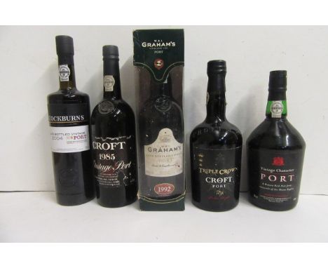 One bottle 1985 Crofts, one bottle 1992 Grahams LRV, one bottle Crofts Triple Crown Port, one bottle 2004 Cockburns LBV, one 