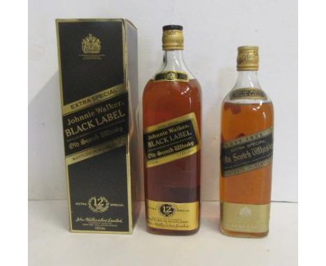 One litre Johnnie Walker Black Label 12 year old Extra Special Old Scotch (boxed), and one bottle Johnnie Walker Black Label 