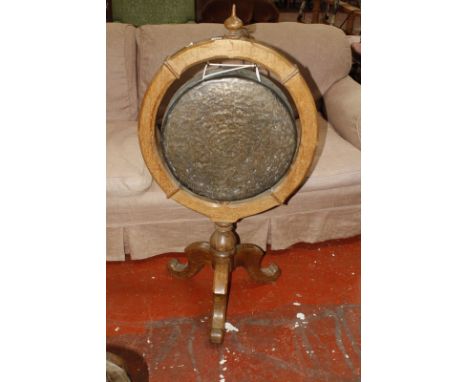 A Victorian oak gong, with chamfered frame on tripod base (a/f)
