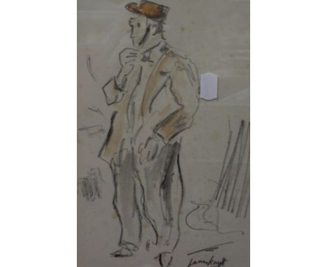 English School (Early 20th Century)   Boxers (2);  Gentleman standing with red hat;  Pencil and wash  Two signed Laura Knight