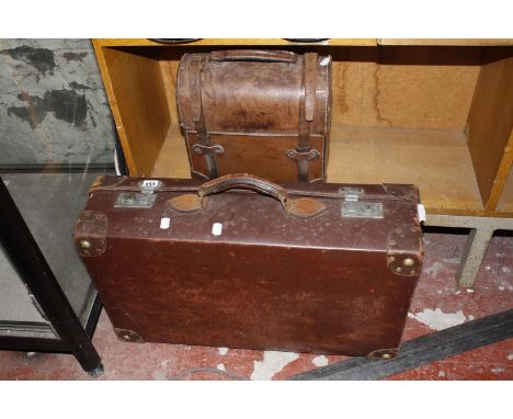 A doctor's Gladstone brown leather bag, with stereoscope, a vintage brown leather bowls bag containing four bowls and a brown
