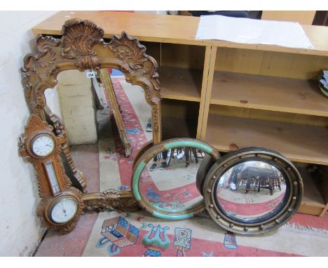 An 18th century style shell crested mirror 99cm , a Regency gilt framed convex mirror a circular mirror with a green and gold