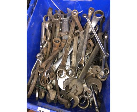 LARGE BLUE CRATE OF VARIOUS RING SPANNERS, DOUBLE ENDED SPANNERS