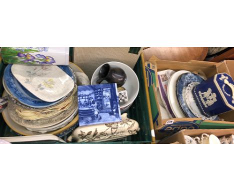 TWO BOXES CONTAINING ORIENTAL STYLE PLANTER, BOWL, BLUE AND WHITE TILES, RIBBON PLATE, ETC.