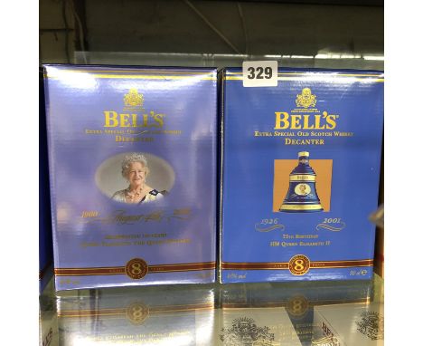TWO BELLS EXTRA SPECIAL OLD SCOTCH WHISKY DECANTERS, 8 YEAR OLD QUEEN ELIZABETH THE QUEEN MOTHER AND HM QUEEN ELIZABETH II 75