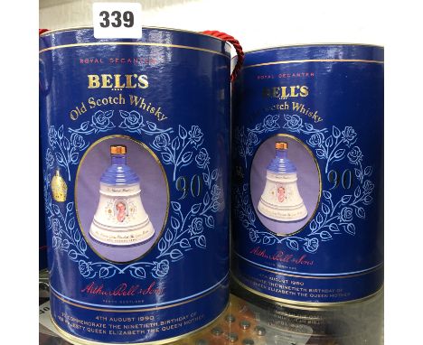 TWO BELLS SCOTCH WHISKY DECANTERS CELEBRATING 90TH BIRTHDAY OF QUEEN ELIZABETH THE QUEEN MOTHER