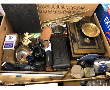 CARTON CONTAINING ENAMEL CASH BOX, VINTAGE CARBINE CAMERA, HIP FLASK, SLIDE RULERS ,ETC.