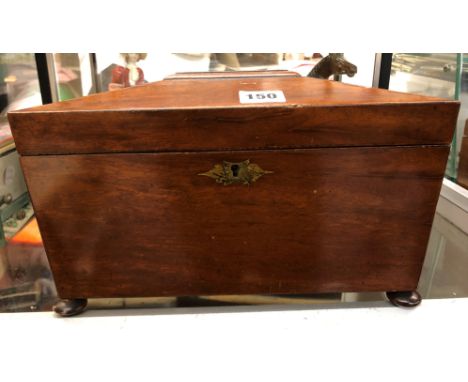 REGENCY MAHOGANY SARCOPHAGUS TEA CADDY ON BUN FEET WITH MIXING BOWL AND PLATED CADDY SPOON