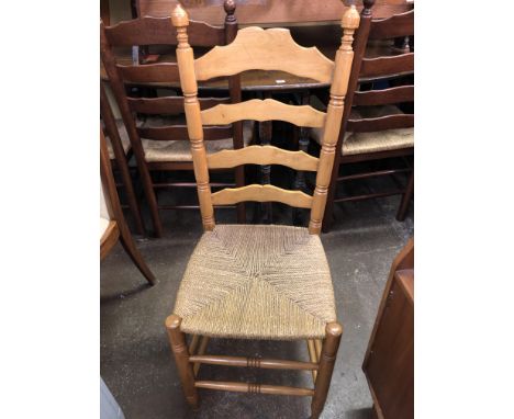 SET OF SIX BEECH LADDER BACK RAFFIA SEATED CHAIRS