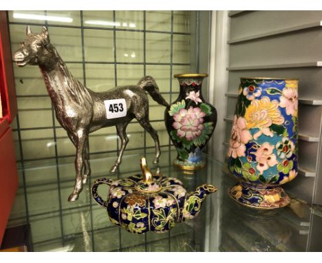 CLOISONNE ENAMEL BALUSTER VASE, CHAMPLEVE ENAMEL VASE AND A SQUAT GOURD MINIATURE TEA POT AND A CAST METAL FIGURE OF A HORSE 