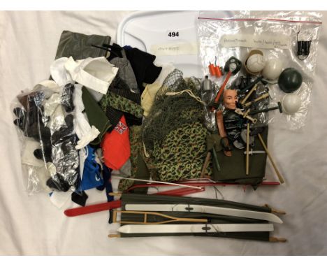 BOX OF VARIOUS ACTION MAN OUTFITS, BAG OF ACTION MAN HATS, GAS MASK, VARIOUS TOOLS, BOOTS AND FOOTWEAR INCLUDING SKIS, STRETC
