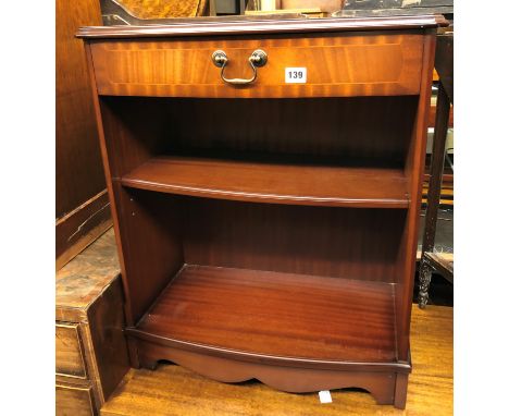 MODERN MAHOGANY CROSS BANDED BOW FRONT DWARF BOOKCASE