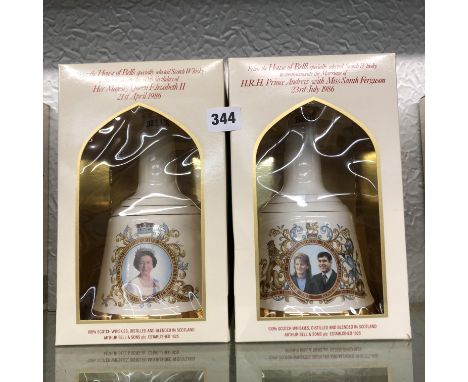 TWO BOXED BELLS SCOTCH WHISKY DECANTERS, ONE CELEBRATING THE 60TH BIRTHDAY OF QUEEN ELIZABETH THE 2ND, ONE CELEBRATING THE MA
