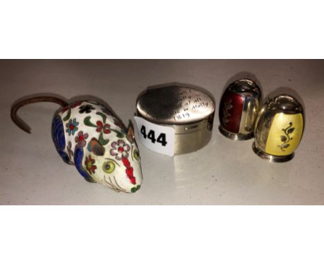 CLOISONNE ENAMEL MOUSE, PAIR OF STERLING SILVER DENMARK ENAMEL CONDIMENTS AND A CYLINDRICAL PILL BOX 