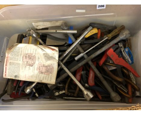 CARTON OF MISCELLANEOUS TOOLS, WHEEL BRACES, NIPS, PLIERS, BRUSHES