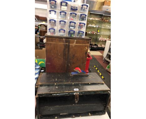 TWO WOODEN BOXES OF ENGINEERING AND CARPENTRY TOOLS, WITH PLASTIC MULTI DRAWER CHEST OF MODEL AEROPLANE RELATED CIRCUITS AND 