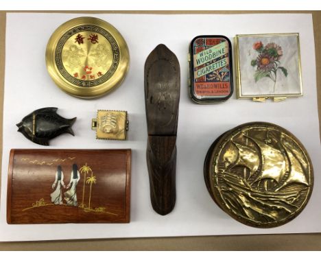 CARVED HARDWOOD BOX IN FORM OF A SHOE, BRASS LIDDED ROUNDEL BOX, CHINESE COMPASS CALENDAR, HORN FISH SNUFF BOX, PILL BOX