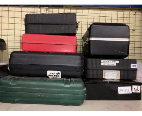 SEVEN CASED ELECTRICAL TOOLS, HOT AIR GUN, DRILL, JIGSAW, ETC.