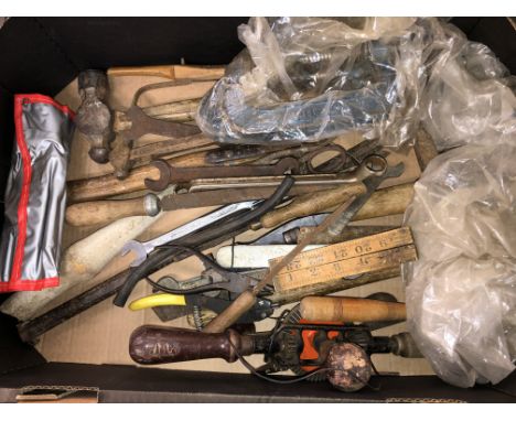 CARTON OF ASSORTED TOOLS INCLUDING G CLAMPS, PLIERS, BOXWOOD RULERS, ETC.