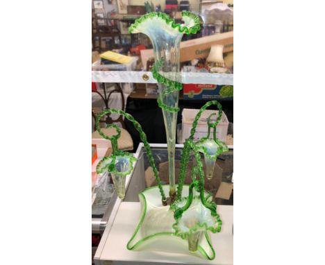 EDWARDIAN GREEN TINGED GLASS CRIMPED EDGE EPERGNE 