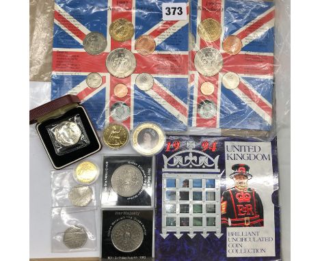 TWO 1992 UK ECU COIN SETS, 1994 UK COIN COLLECTION, PROOF 1973 FIFTY PENCE PIECE, TWO OTHERS, CORONATION ENAMEL 2013 BAILIWIC