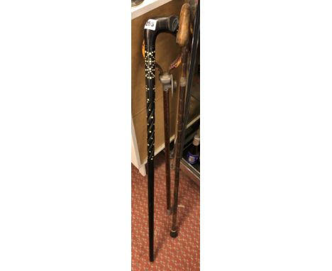 SILVER BANDED WALKING CANE, EBONY BONE INLAID ELEPHANT CANE AND SHOOTING STICK 