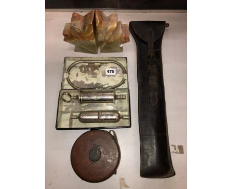 LEATHER POUCH HAYRICK THERMOMETER, CASED MEDICAL SYRINGE, IMPERIAL RULE AND BOOK ENDS 
