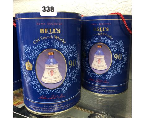 TWO BELLS SCOTCH WHISKY DECANTERS CELEBRATING 90TH BIRTHDAY OF QUEEN ELIZABETH THE QUEEN MOTHER
