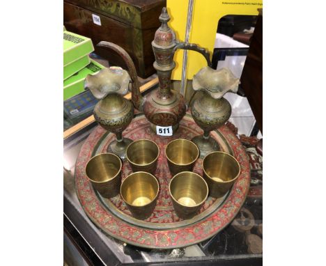 INDIAN BRASS AND ENAMEL GOBLETS, VASES, PLATE AND TEAPOT