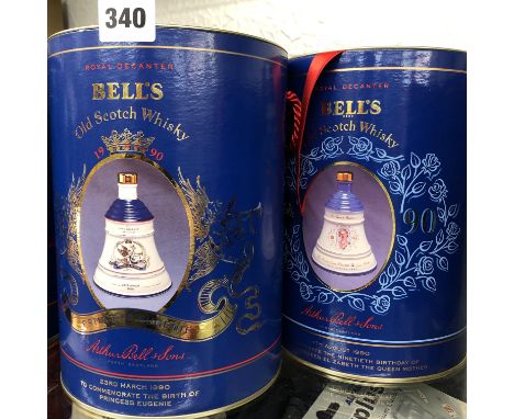 TWO BELLS SCOTCH WHISKY DECANTERS, ONE CELEBRATING 90TH BIRTHDAY OF QUEEN ELIZABETH THE QUEEN MOTHER, ONE CELEBRATING BIRTH O