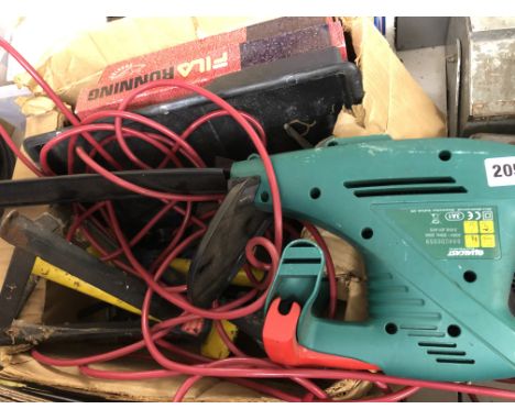 SMALL BOX OF ASSORTED TOOLS, BATTERY CHARGER, CORDLESS HEDGE TRIMMER, ETC.