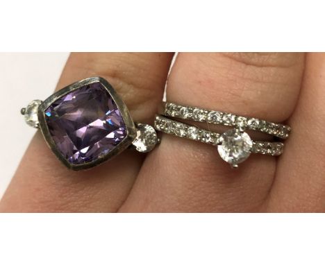 SILVER CZ SOLITAIRE RING WITH MATCHING ETERNITY BAND AND A SILVER AMETHYST AND CZ LOZENGE RING 